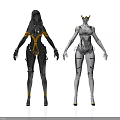 Futuristic Sci Fi Characters And Creatures With Black Orange And White Gold Armored Suits