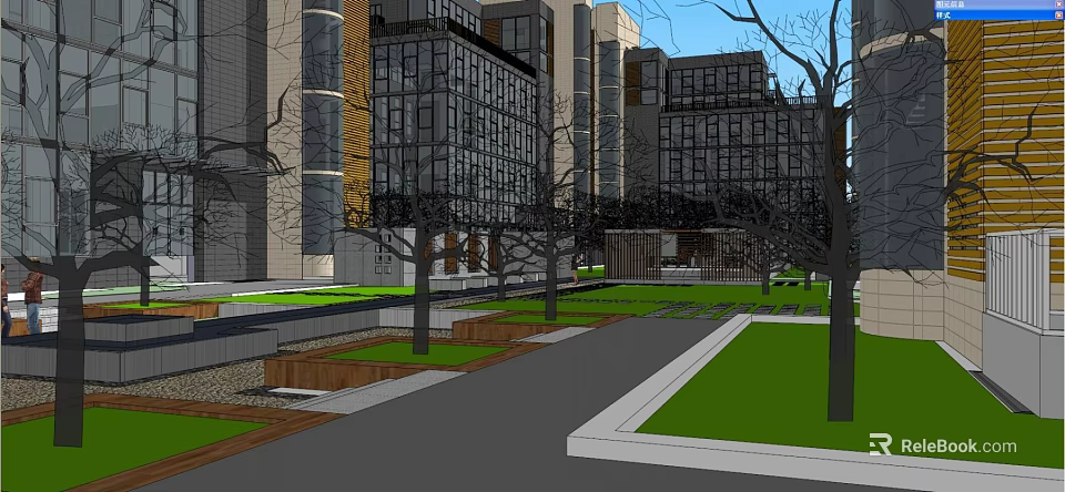 Modern Office Building Complex with Surrounding Greenery Pathways and Plaza 3d model 