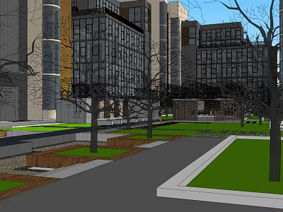 Modern Office Building Complex with Surrounding Greenery Pathways and Plaza 3d model