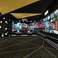 Modern Cinema Interior With Yellow Black Ticket Counter Screens Red Iron Man Statue And Seats
