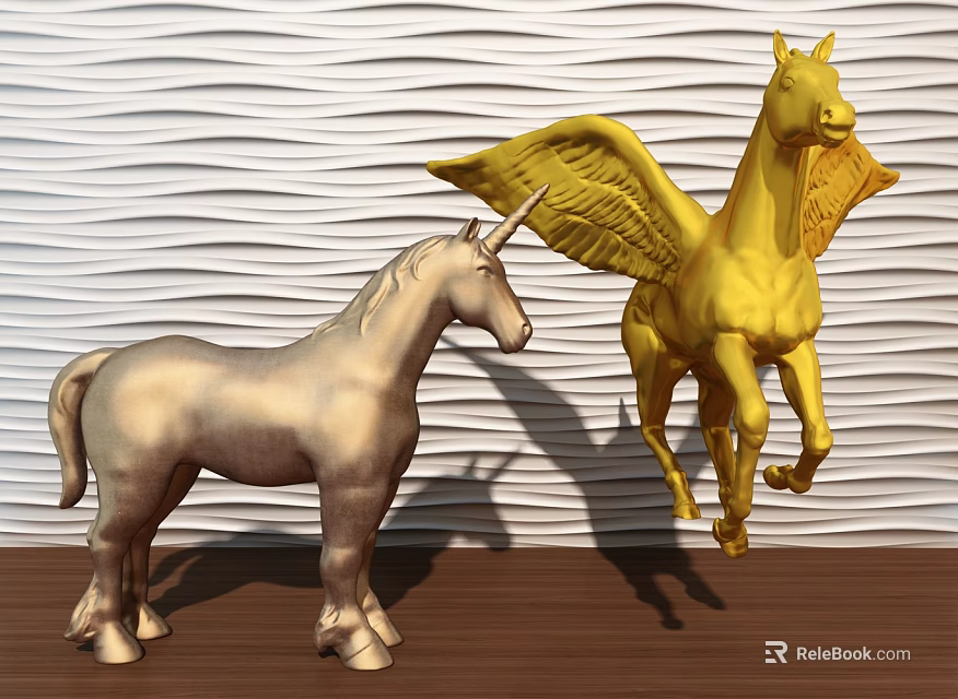 Silver Unicorn And Golden Pegasus Metallic Decorative Ornament Set On Wooden Tabletop With Wavy Wall 3d model 