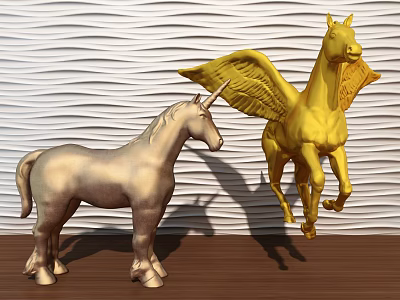 Silver Unicorn And Golden Pegasus Metallic Decorative Ornament Set On Wooden Tabletop With Wavy Wall 3d model