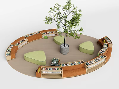 Circular Public Reading Space With Green Chairs Bookshelves And Central Tree 3d model