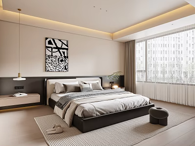 Modern Beige Bedroom With King Bed Gray Bedding Abstract Artwork And Large Window 3d model