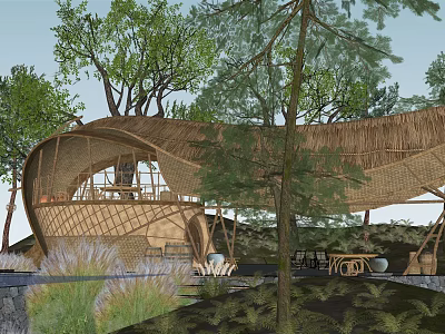 Bamboo Homestay Building With Thatched Roof Surrounded by Trees and Natural Environment 3d model