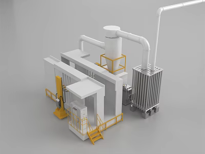 Industrial Equipment Featuring White Structure Yellow Railings Pipes And Tower 3d model