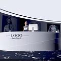 Modern White Curved Reception Desk With Marble Floor And Portrait Paintings