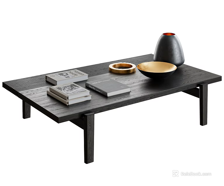 Black Wooden Coffee Table Simple Design Stack Of Books Small Bowl Wooden Bowl Black Vase 3d model 