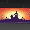 Square Rug With Haunted Houses Yellow Windows Crosses Bare Branches And Sunset Background
