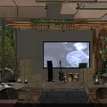 Rustic Restaurant Interior With Wooden Ceiling Hanging Green Plants Projection Screen And Wooden Tables
