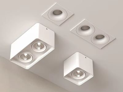 Multiple White Ceiling Mounted LED Downlights and Spotlights with Square Recessed Design 3d model