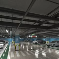 Underground Parking Garage With Cars Parking Lines Blue Columns Ceiling Lighting And Directional Signage