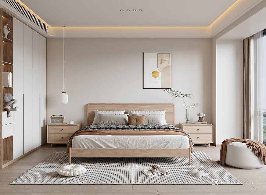 Minimalist Bedroom Interior With Wooden Bed Frame Nightstands Decorative Painting Pendant Light And Rug 3d model 