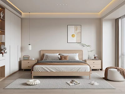 Minimalist Bedroom Interior With Wooden Bed Frame Nightstands Decorative Painting Pendant Light And Rug 3d model