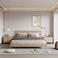 Minimalist Bedroom Interior With Wooden Bed Frame Nightstands Decorative Painting Pendant Light And Rug