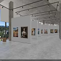 Modern Art Gallery Interior Featuring White Walls Paintings Large Windows And Gray Concrete Floor