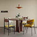 Round Wooden Table With Yellow Cushioned Chairs Transparent Acrylic Chair Beige Wall Brown Pendant Light