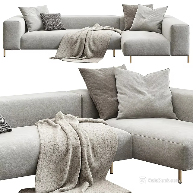 Modern Gray Sectional Sofa With Plush Pillows Cozy Blanket And Gold Metal Legs 3d model 