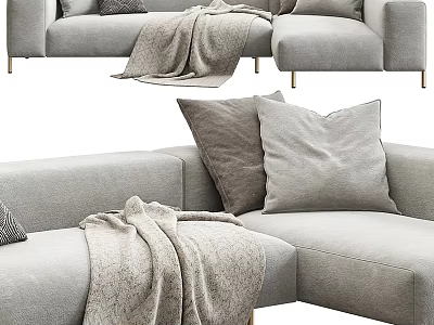 Modern Gray Sectional Sofa With Plush Pillows Cozy Blanket And Gold Metal Legs 3d model