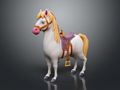 Cartoon Style White Toy Horse with Pink Nose Blond Mane and Purple Saddle 3d model