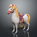 Cartoon Style White Toy Horse with Pink Nose Blond Mane and Purple Saddle