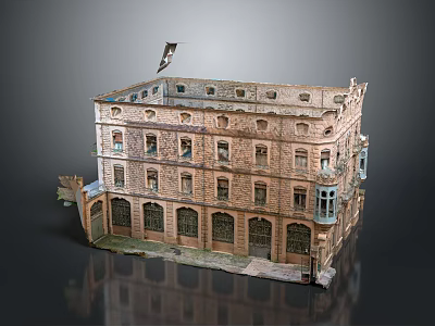 Detailed Multi Story Brick Building Model with Decorative Windows and Flying Bird on Roof 3d model
