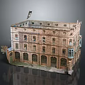 Detailed Multi Story Brick Building Model with Decorative Windows and Flying Bird on Roof