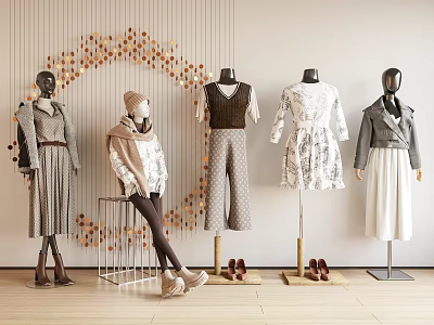 Five Fashion Models in Different Outfits with Decorative Wall Background and Shoes 3d model