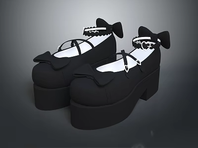 Fashionable Black Platform Shoes With Bow Decor And Ankle Straps For Daily Wear 3d model