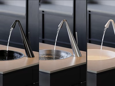 Modern Black Silver and White Faucet with Water Flowing on Kitchen Countertop 3d model