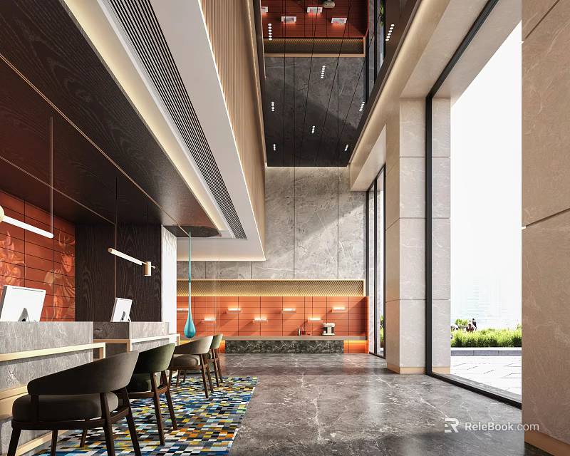 Luxurious Modern Hotel Lobby Interior With Reception Desk Chandelier And Marble Flooring 3d model 