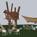 Garden Landscape with Treehouse Illuminated Slide Lawn People Gathering Canopies and Lanterns at Sunset