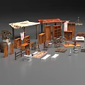 Public Facilities With Various Wooden Furniture Components Market Stalls Shelves Tables Chairs And Rugs