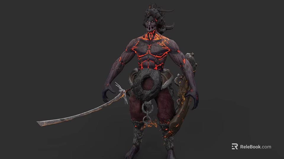 Fiery Demon Creature With Burning Lava Veins Standing Pose Sword Shield Horns Muscular Build Chains 3d model 