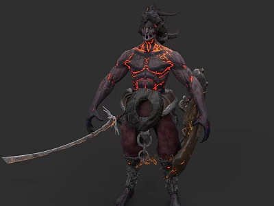 Fiery Demon Creature With Burning Lava Veins Standing Pose Sword Shield Horns Muscular Build Chains 3d model