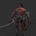 Fiery Demon Creature With Burning Lava Veins Standing Pose Sword Shield Horns Muscular Build Chains