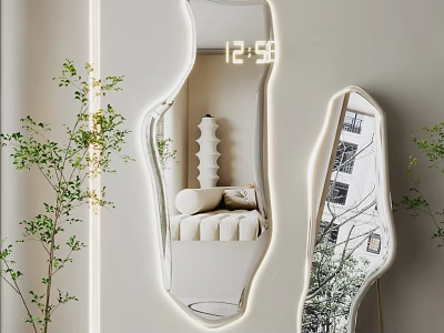 Modern LED Lighted Mirror With Digital Clock Unique Shape Reflective Surface And Indoor Plant Decor 3d model