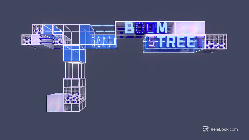 Modern Event Entrance Design With BOOM STREET Sign And Blue Lighting 3d model 