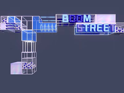 Modern Event Entrance Design With BOOM STREET Sign And Blue Lighting 3d model