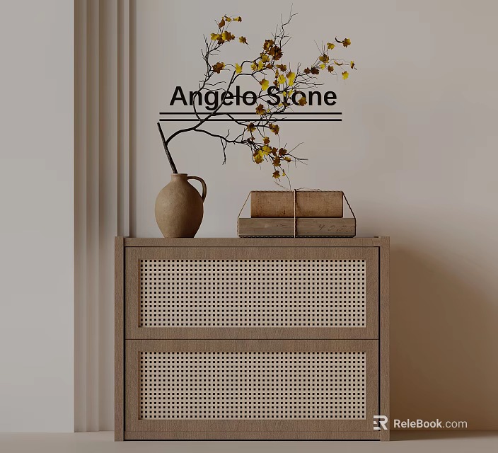 Angle Stone Wooden Bedside Table With Woven Design Vase And Stacked Books 3d model 