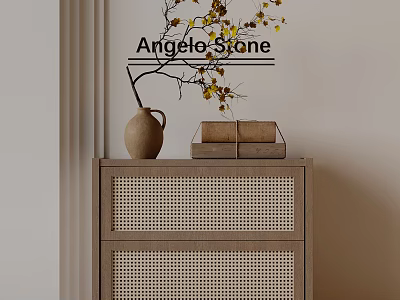 Angle Stone Wooden Bedside Table With Woven Design Vase And Stacked Books 3d model