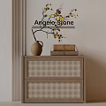 Angle Stone Wooden Bedside Table With Woven Design Vase And Stacked Books