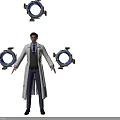 Man In White Long Coat Gray Vest Standing With Blue Circular Devices On Black Background