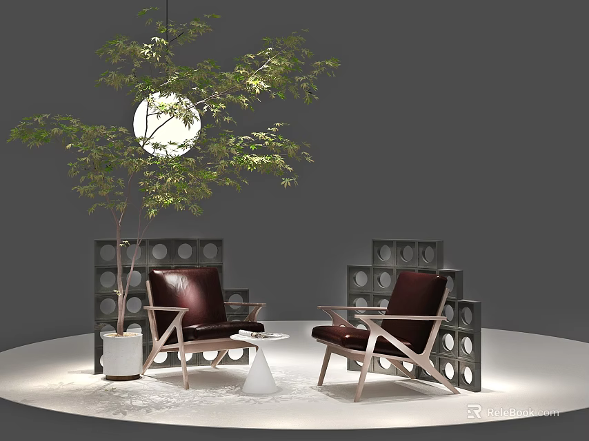 Interior With Tree White Round Lamp Brown Leather Chairs Wooden Frames Gray Blocks Small Table 3d model