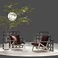 Interior With Tree White Round Lamp Brown Leather Chairs Wooden Frames Gray Blocks Small Table 3d model