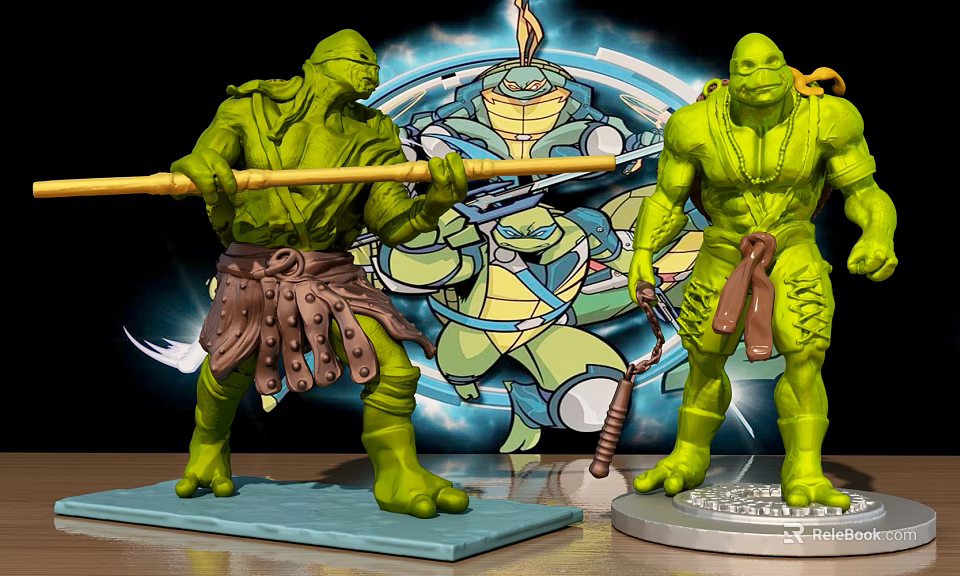 Teenage Mutant Ninja Turtles Green Action Figures With Staff Weapons And Themed Background 3d model 