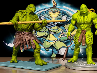 Teenage Mutant Ninja Turtles Green Action Figures With Staff Weapons And Themed Background 3d model