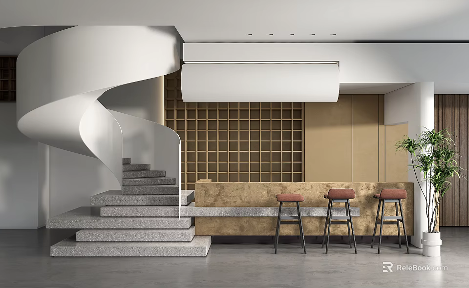Modern Reception Area with Spiral Staircase Bar Counter and Grid Panel Design Elements 3d model