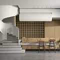 Modern Reception Area with Spiral Staircase Bar Counter and Grid Panel Design Elements 3d model
