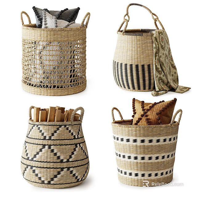 Woven Storage Baskets With Handles And Geometric Patterns For Home Decor And Organization 3d model 